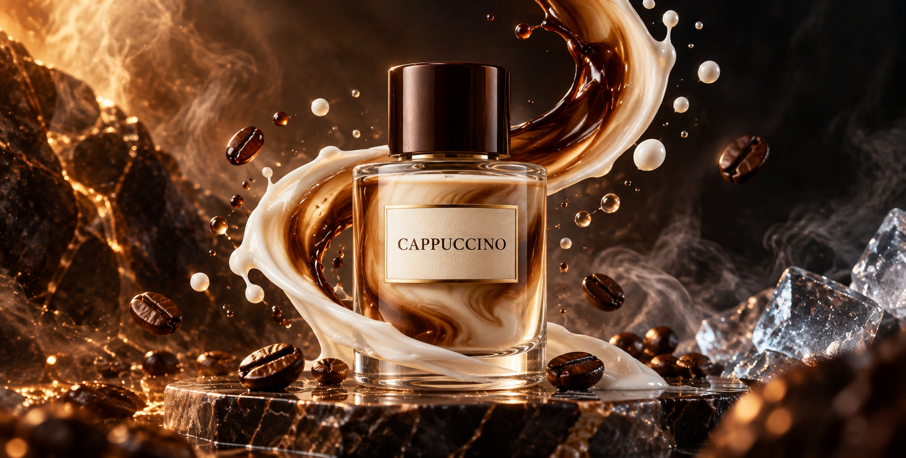 Chai cà phê cappuccino trong hiệu ứng ánh sáng kem cà phê và lửa băng