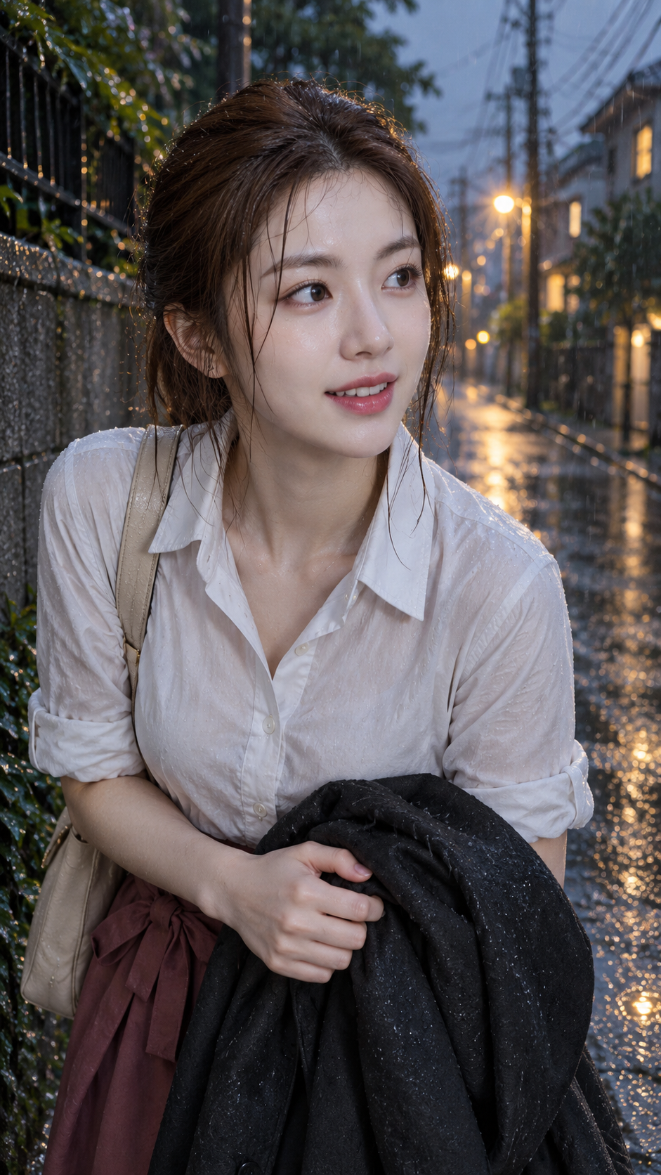 비 오는 골목에서 검은 외투를 안고 옆으로 웃는 모습