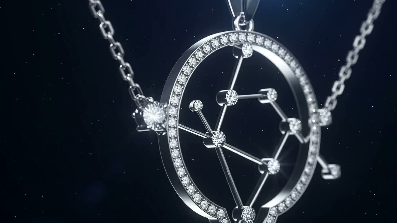 星座シルバーチェーンペンダントのラグジュアリー3D展示 — AI video prompt