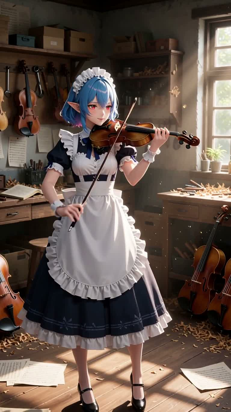 Elven Violinist in a Warm-Lit Workshop