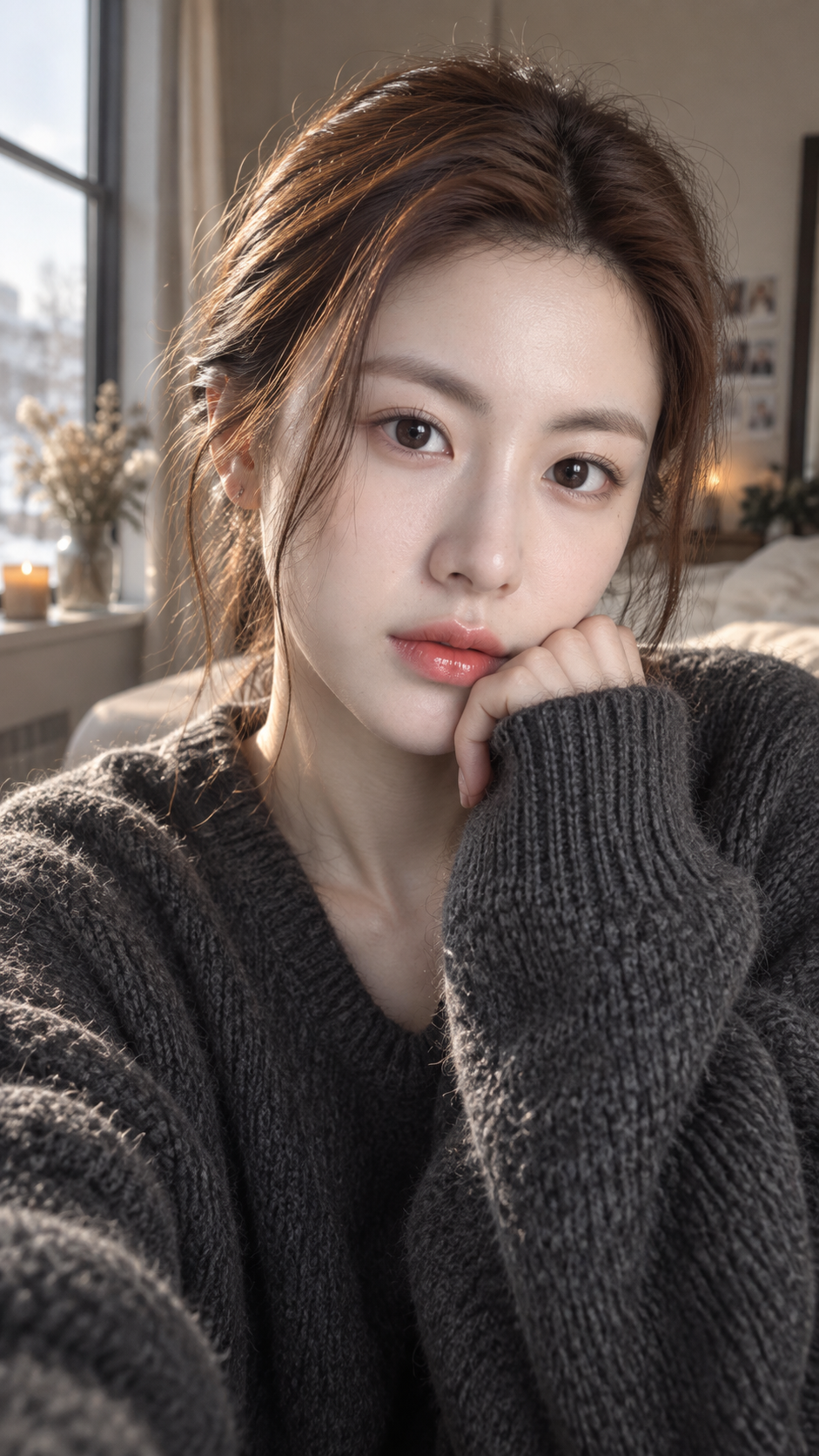 冬日慵懒氛围感成年女性手机自拍人像 — AI image creation