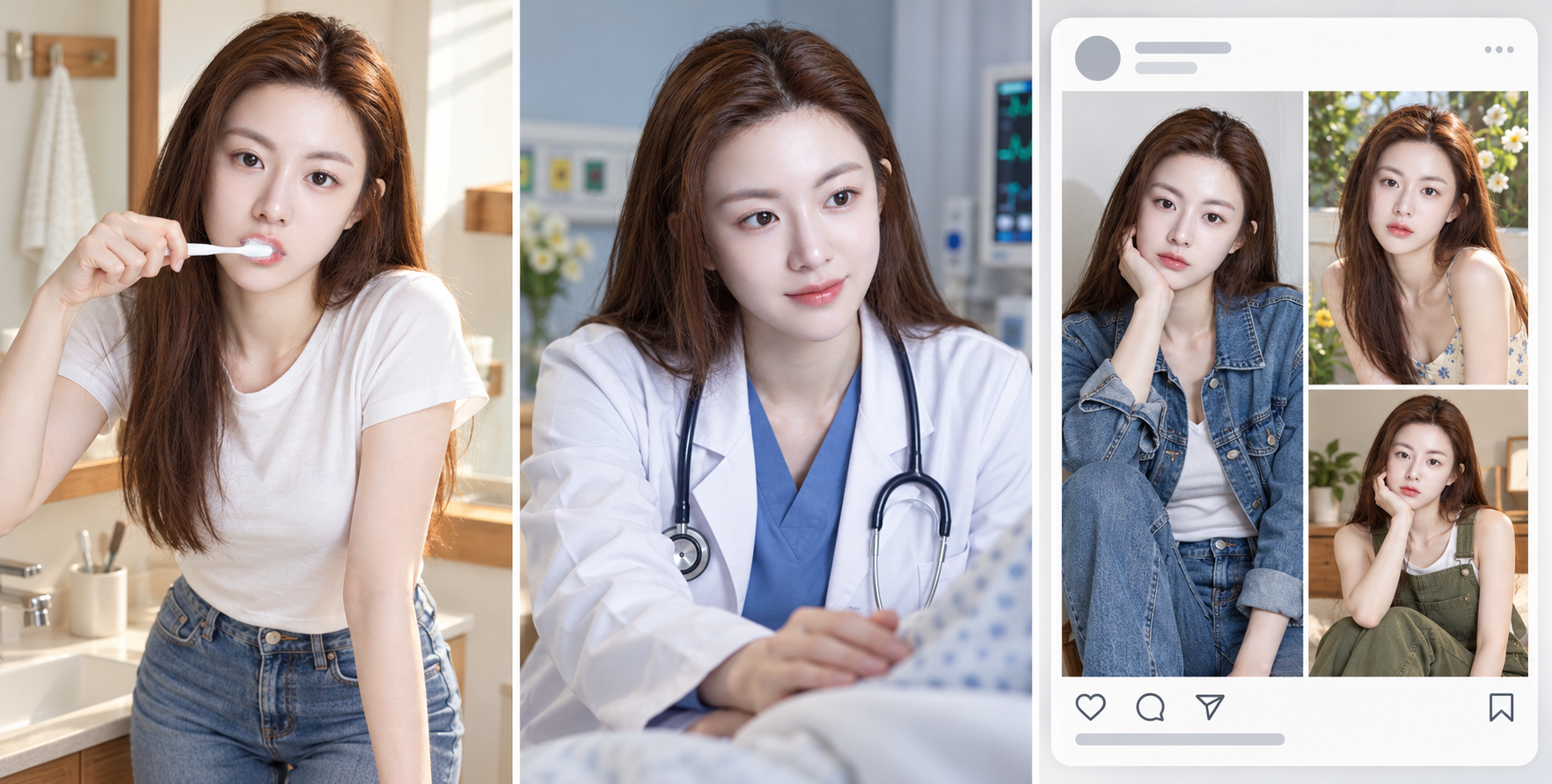 成年女性的晨间日常、医者关怀与时尚拼贴 — AI image creation