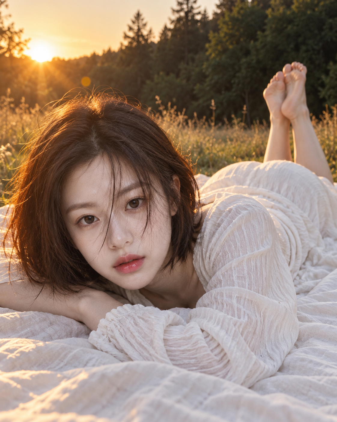 Hyperrealistic photo of a short-haired woman in a white dress on a sunset meadow — AI image creation