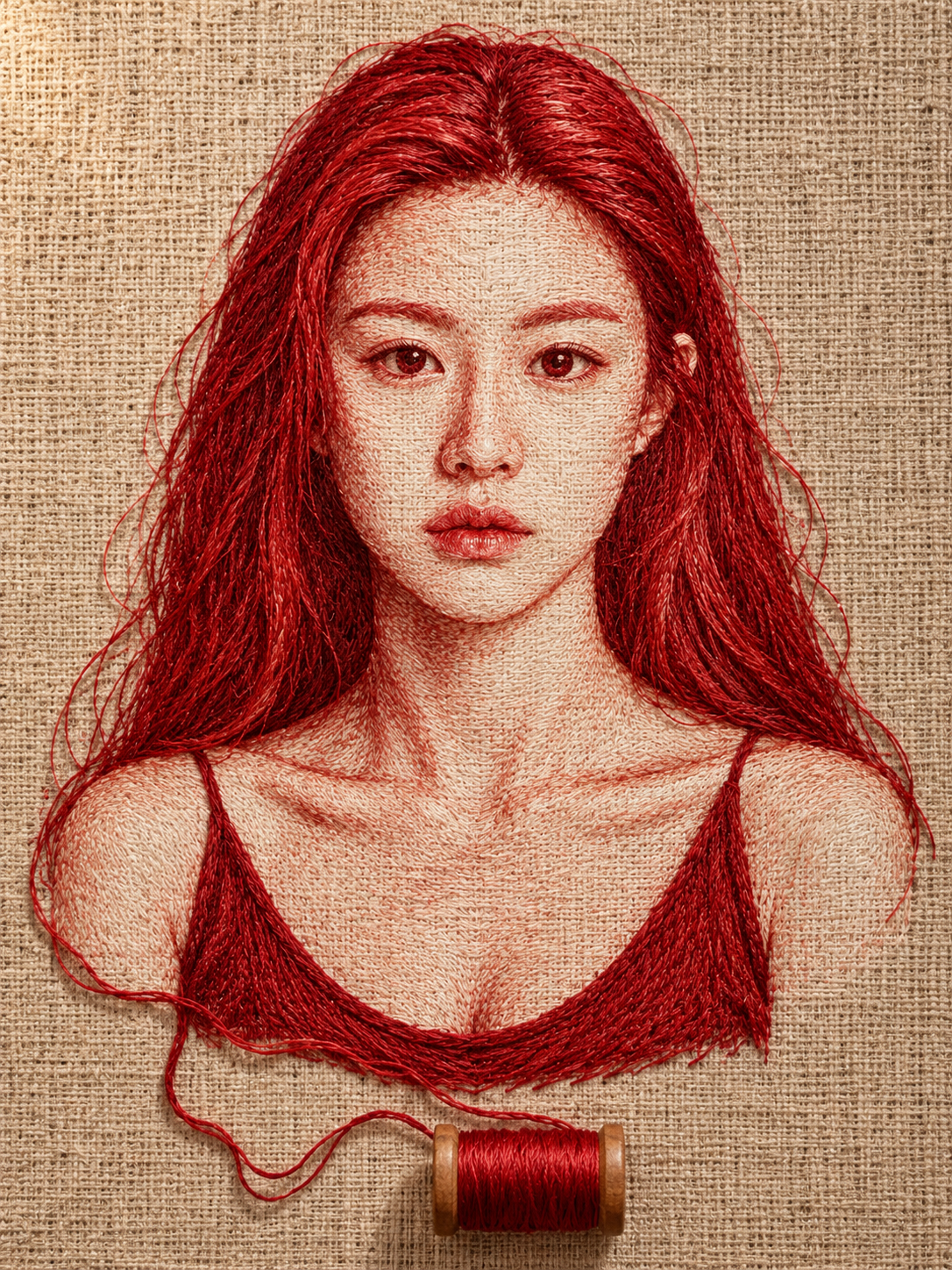 Portrait réaliste en lin brodé de cramoisi — AI image creation