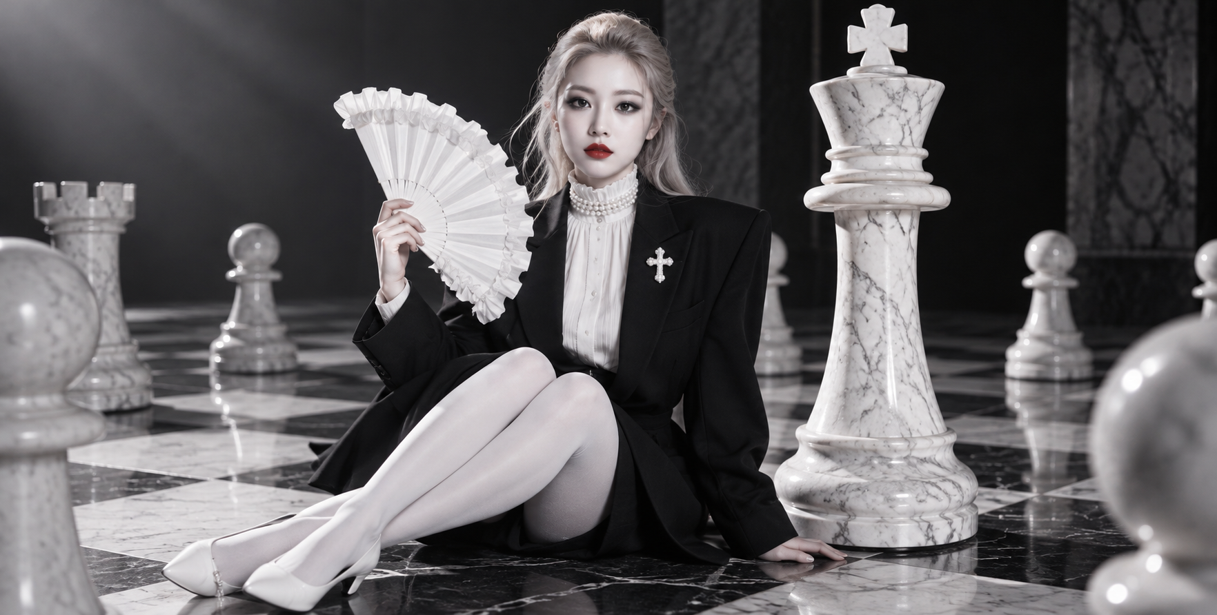 大理石棋盘上的黑白高定人像
