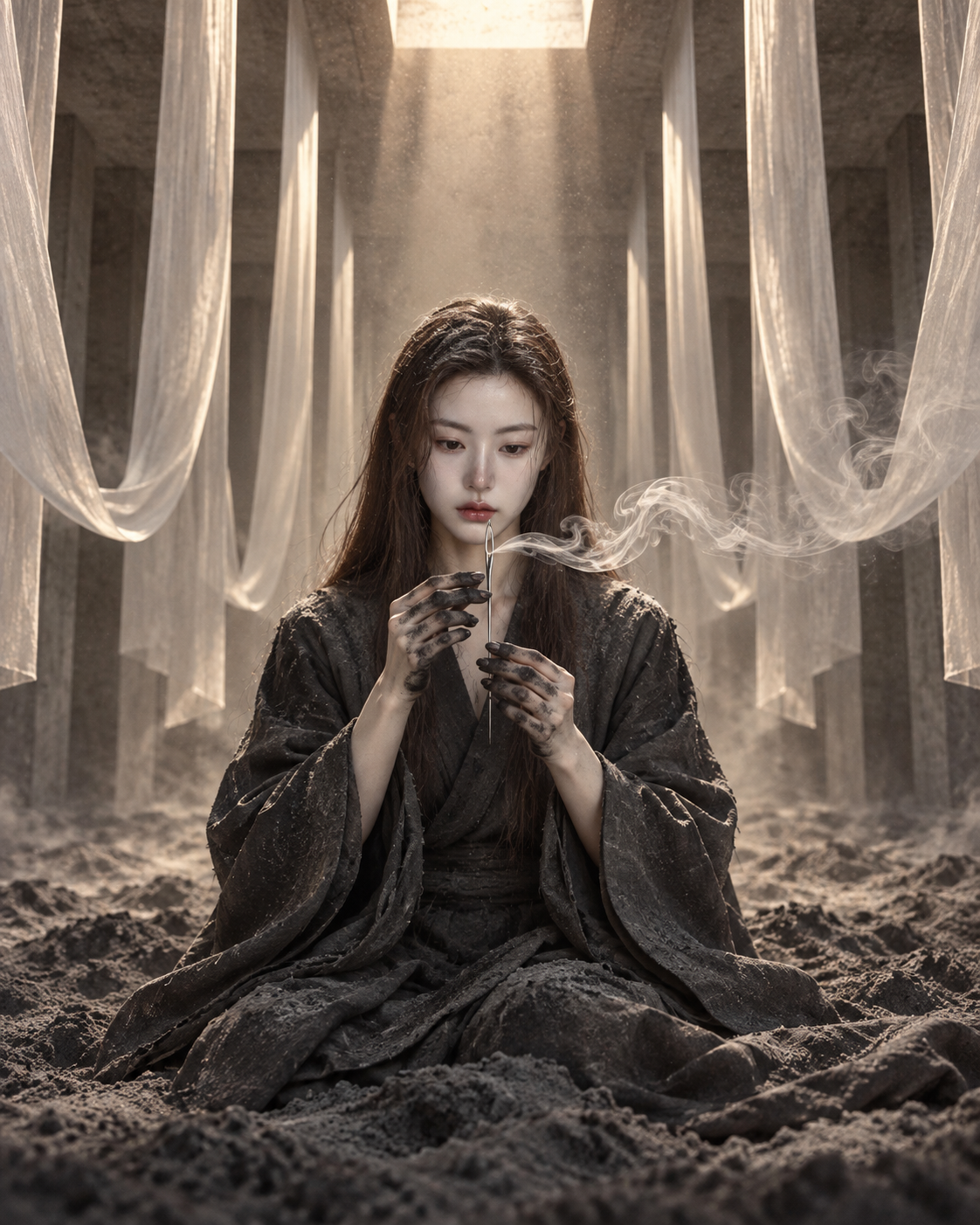 灰烬密室穿引烟雾的对称仪式 — AI image creation