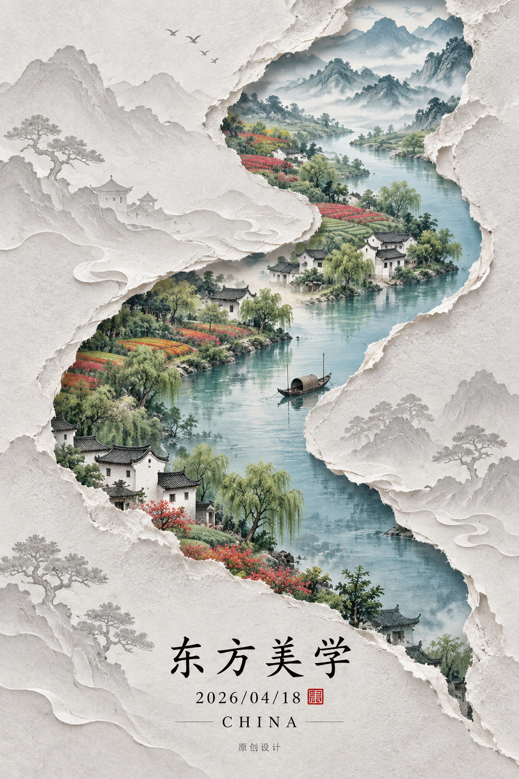 裂痕里的新中式东方山水 — AI image creation