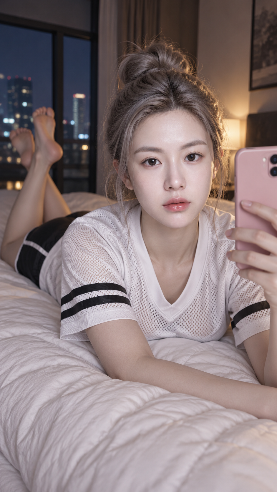 夜灯下的银灰发居家运动风自拍