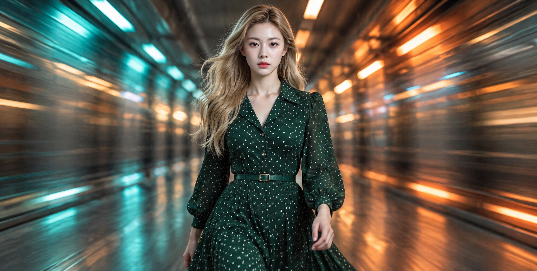 成年女性穿行霓虹未来隧道的复古时尚肖像 — AI image creation