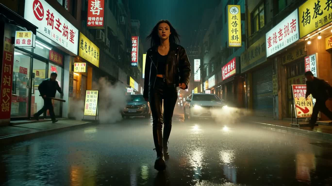 雨夜霓虹街头的女战士