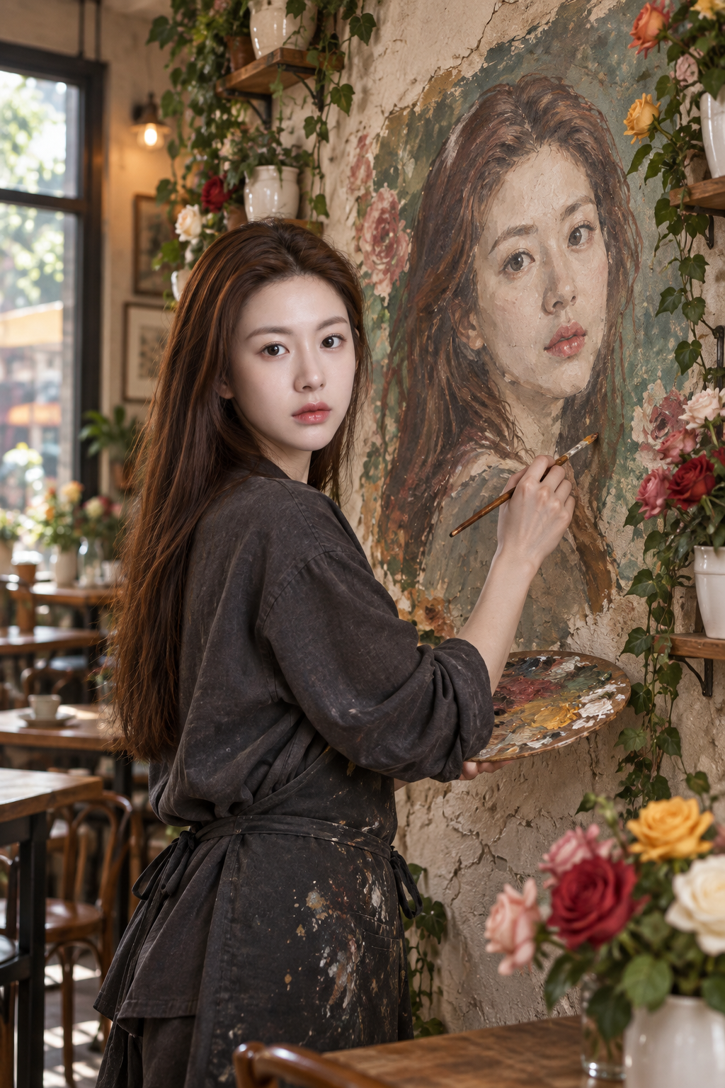 成年艺术家在咖啡馆绘制自画像壁画 — AI image creation