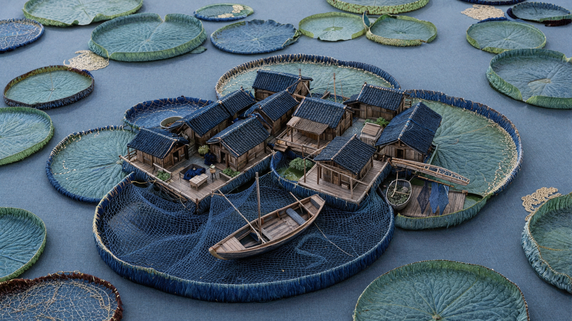 Village de pêcheurs flottant · Tissu brodé — AI image creation