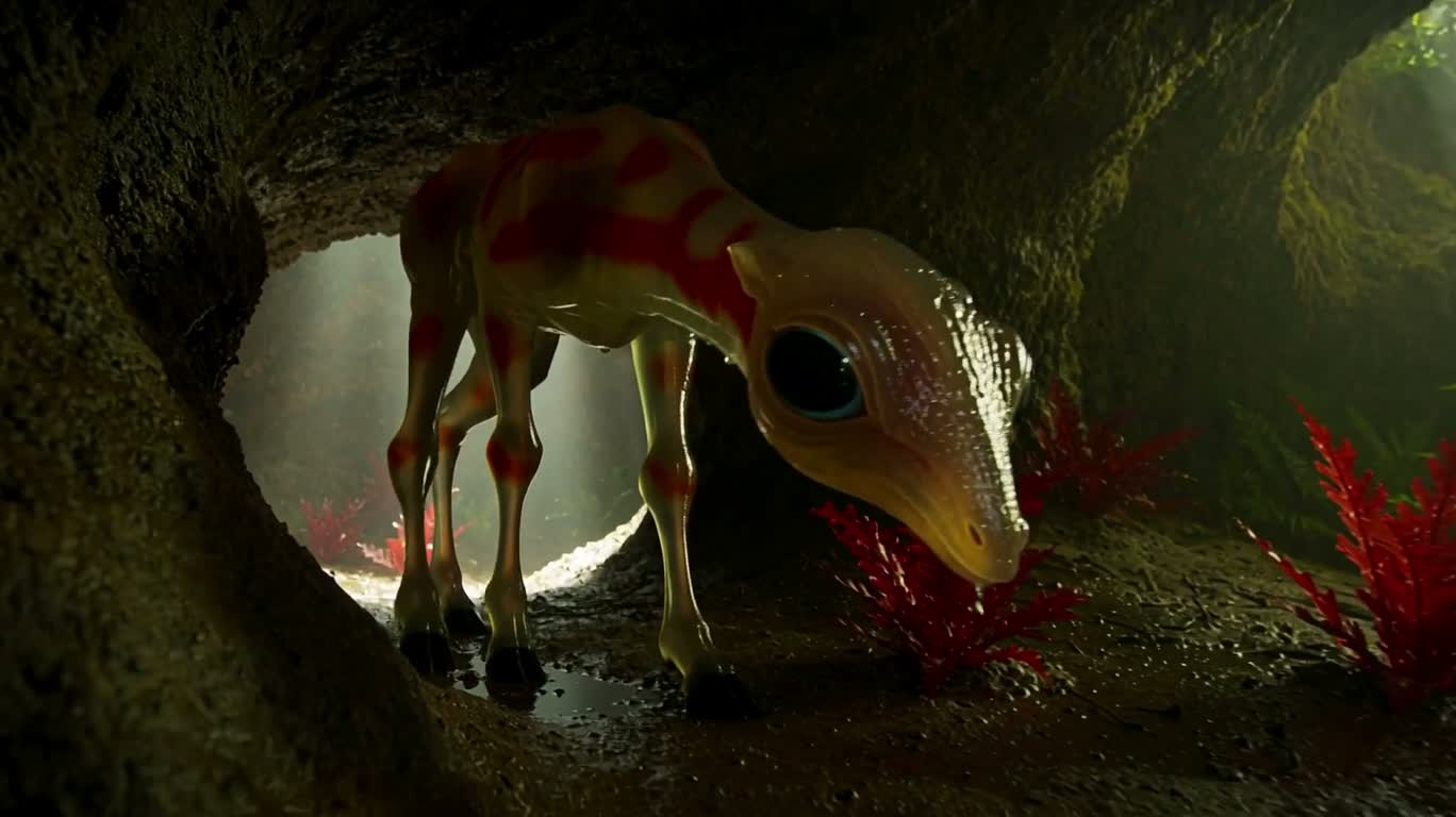 オリーブ色のゲル生物の洞窟住処 — AI video creation