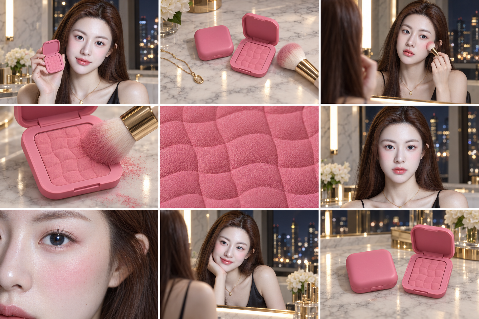 大理石浴室中的 Buttermelt Blush 九宫格美妆故事 — AI image creation