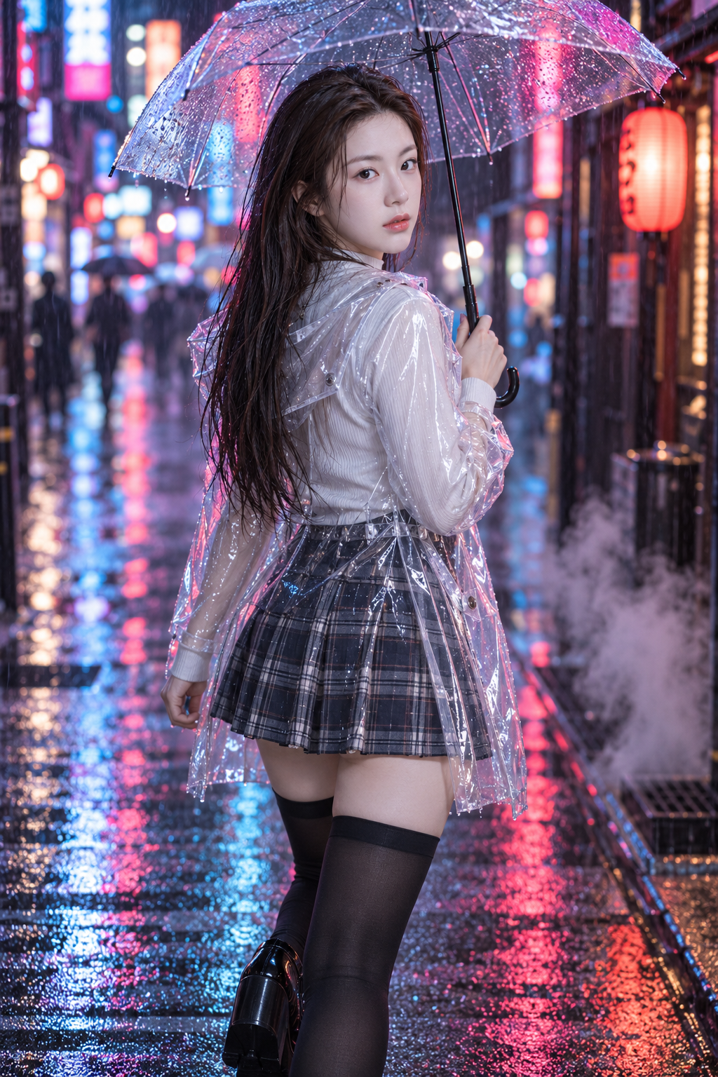 東京のネオン雨路地で振り返る大人の女性