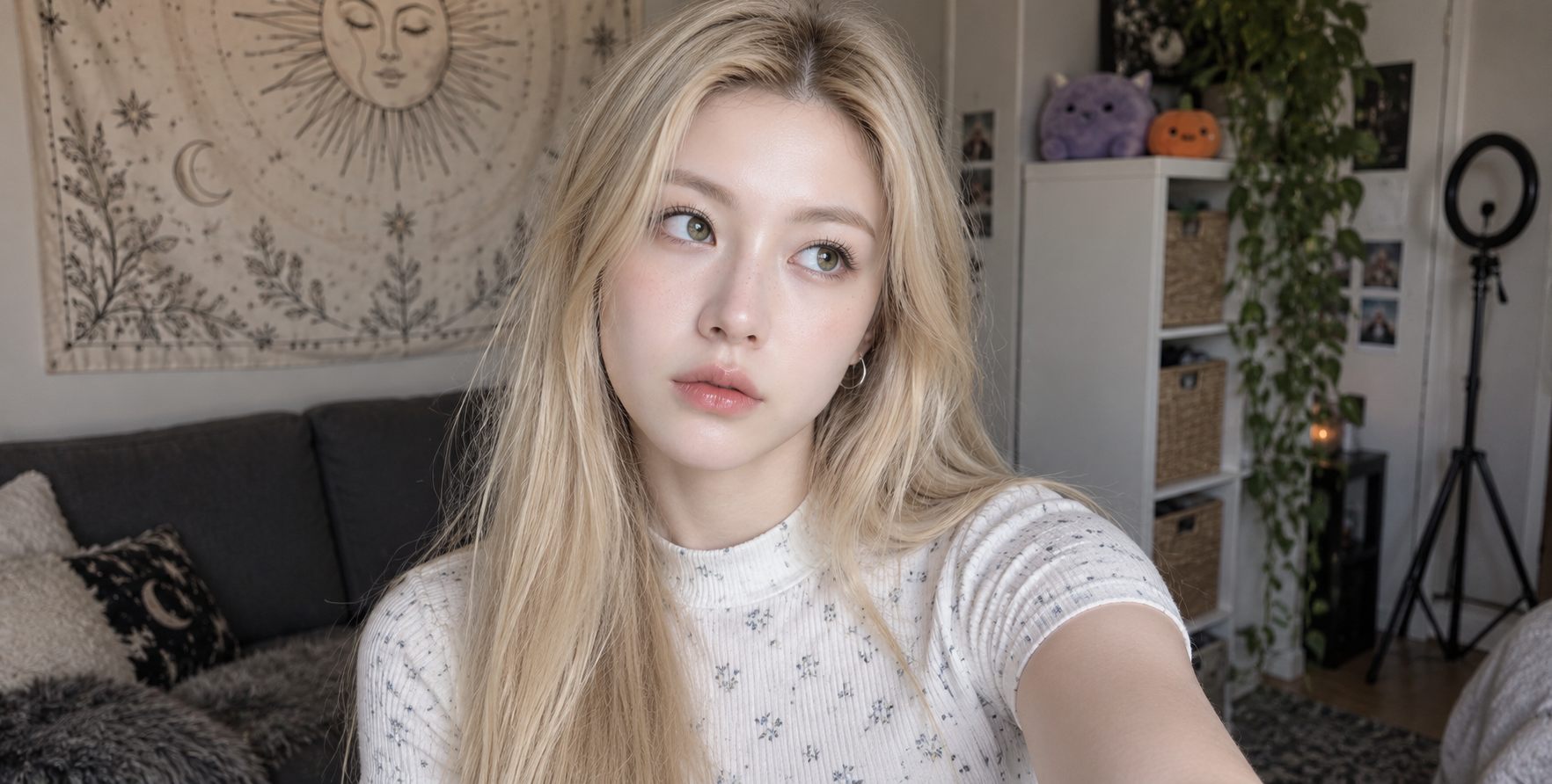 成年女性的柔和哥特风居家自拍 — AI image creation