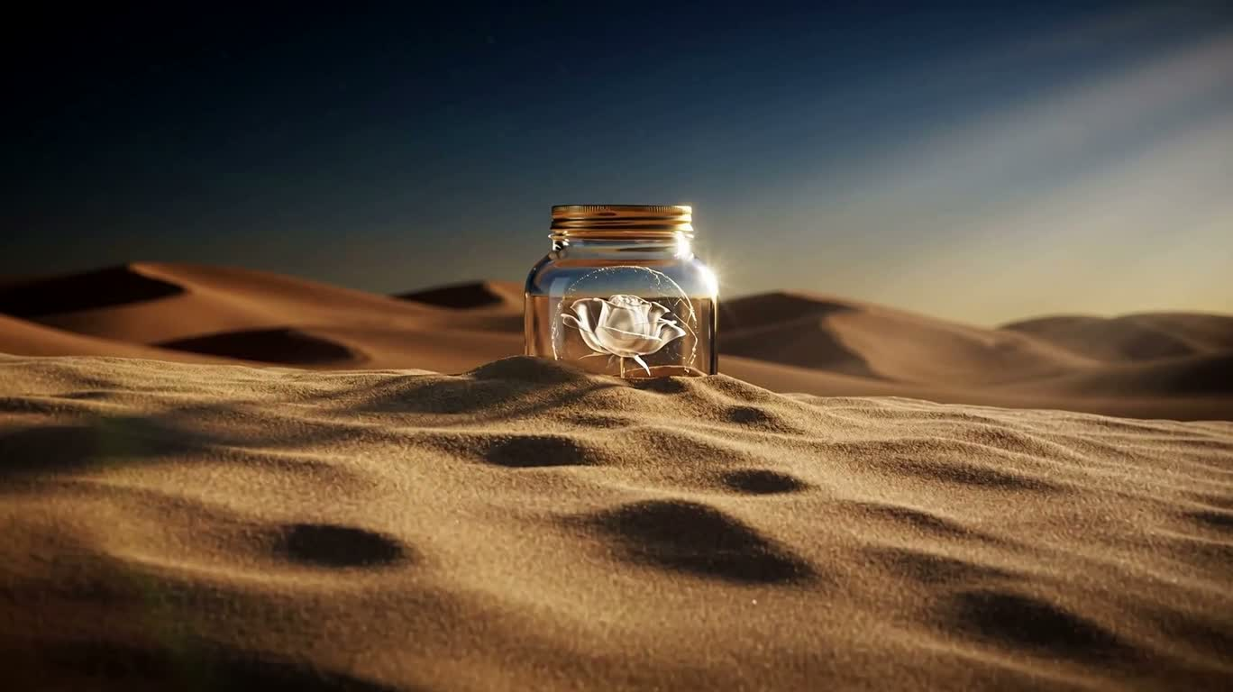 Astrolabe Rose in a Glass Jar in the Sand — AI video creation
