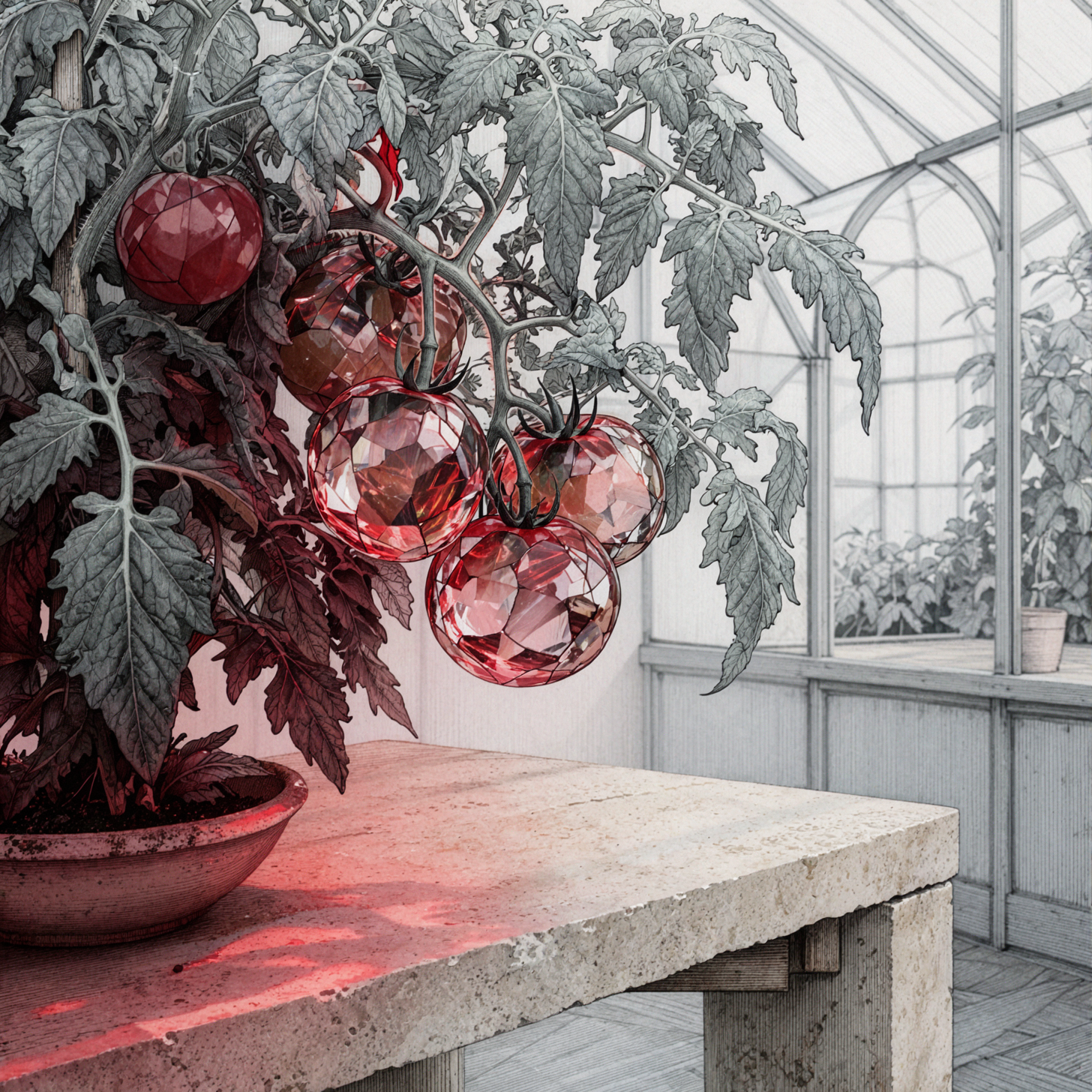 Serre de tomates en verre · Dessin au stylo — AI image creation
