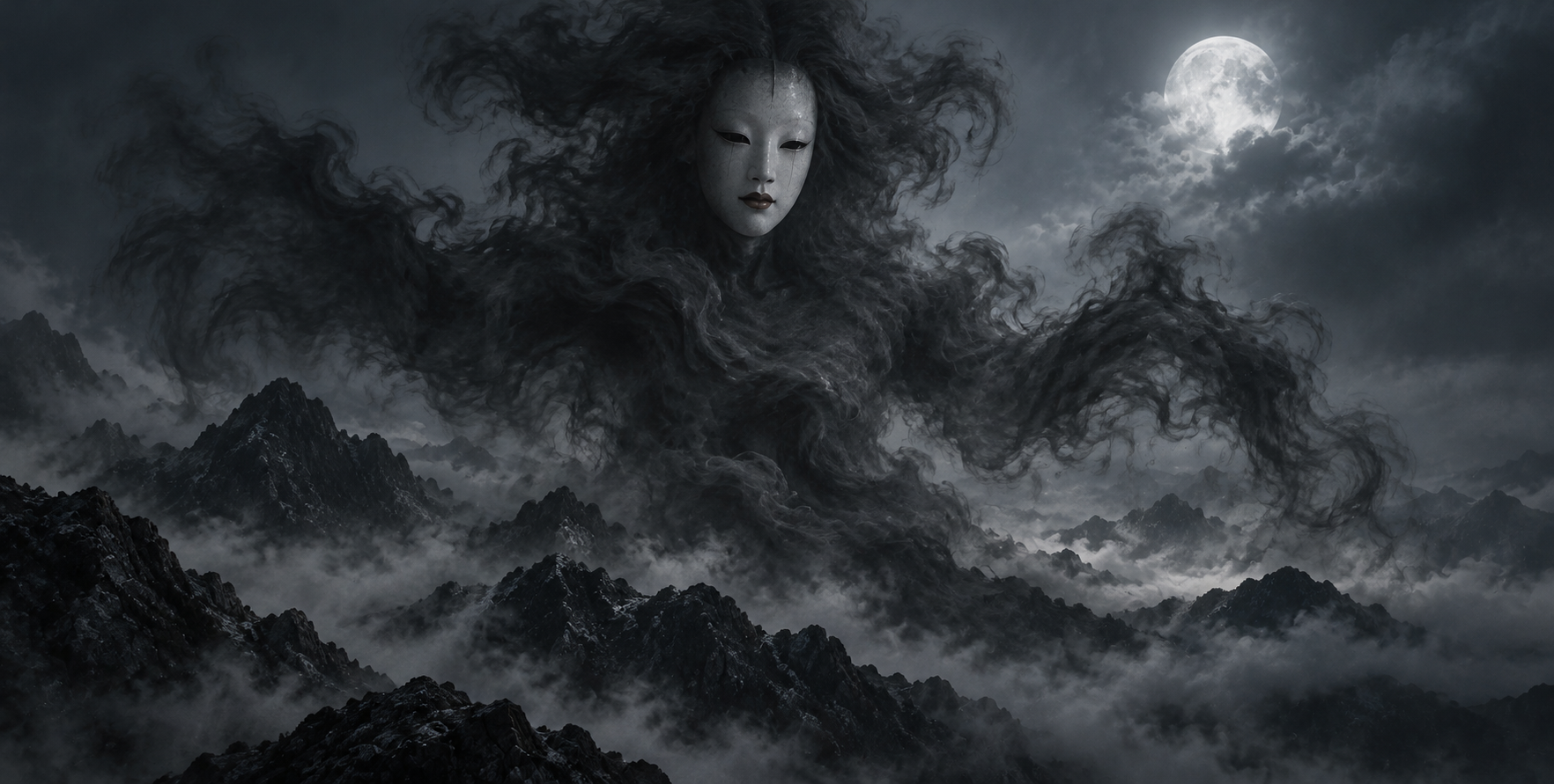 月光山影间由黑雾构成的能面幻影 — AI image creation