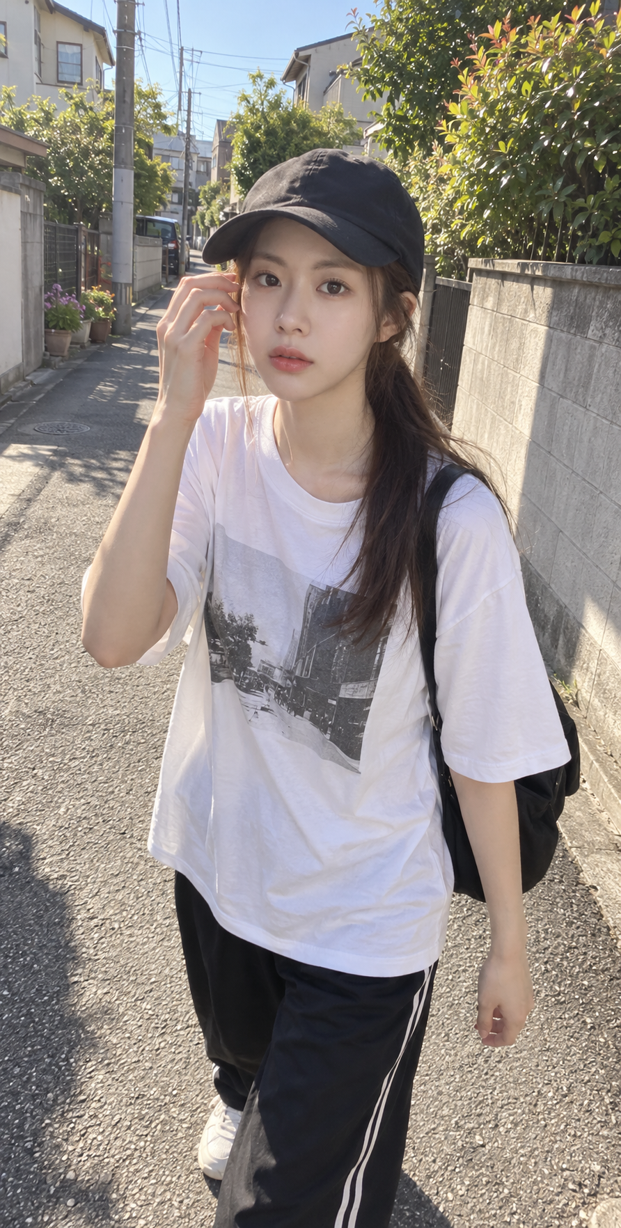 黑色棒球帽成年女性住宅区午后散步 — AI image creation