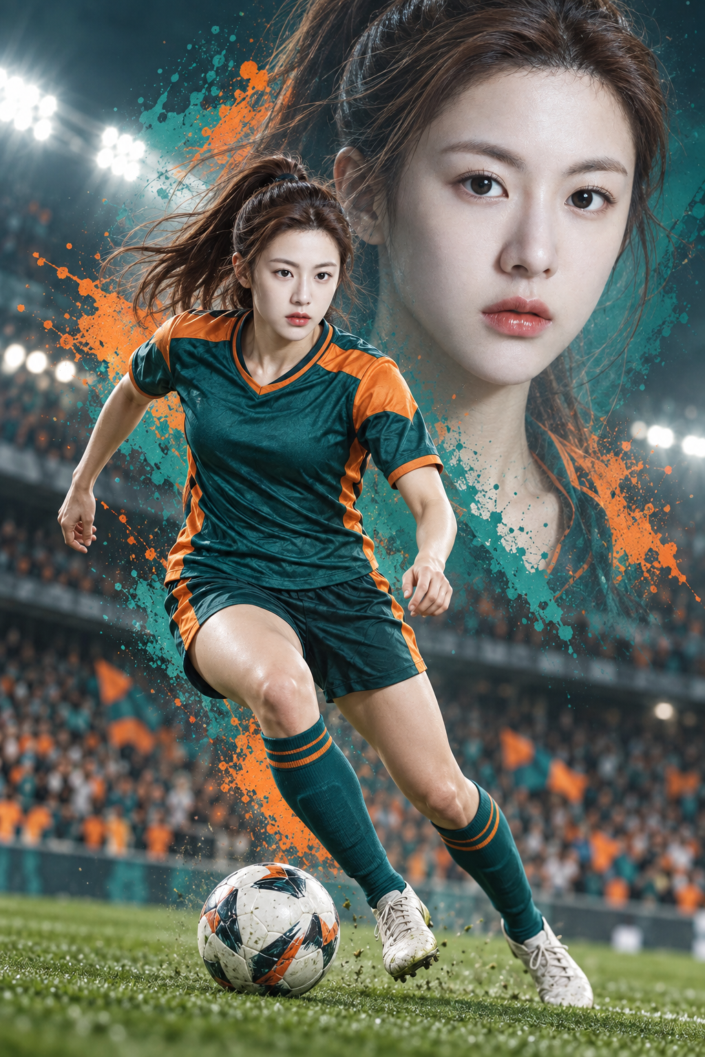 双重曝光女足球员运动主题海报 — AI image creation