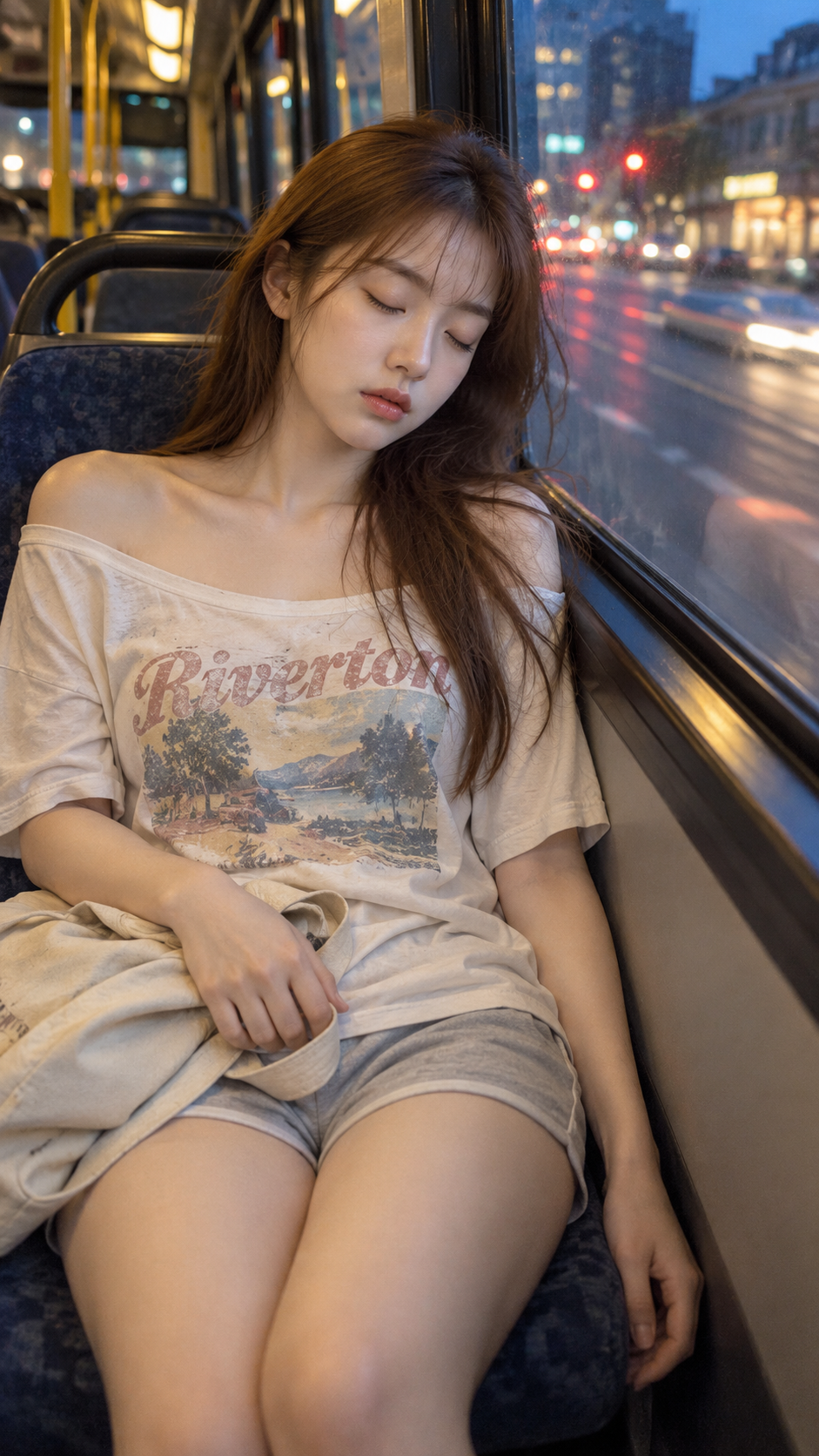 傍晚公交车熟睡女性生活写真 — AI image creation