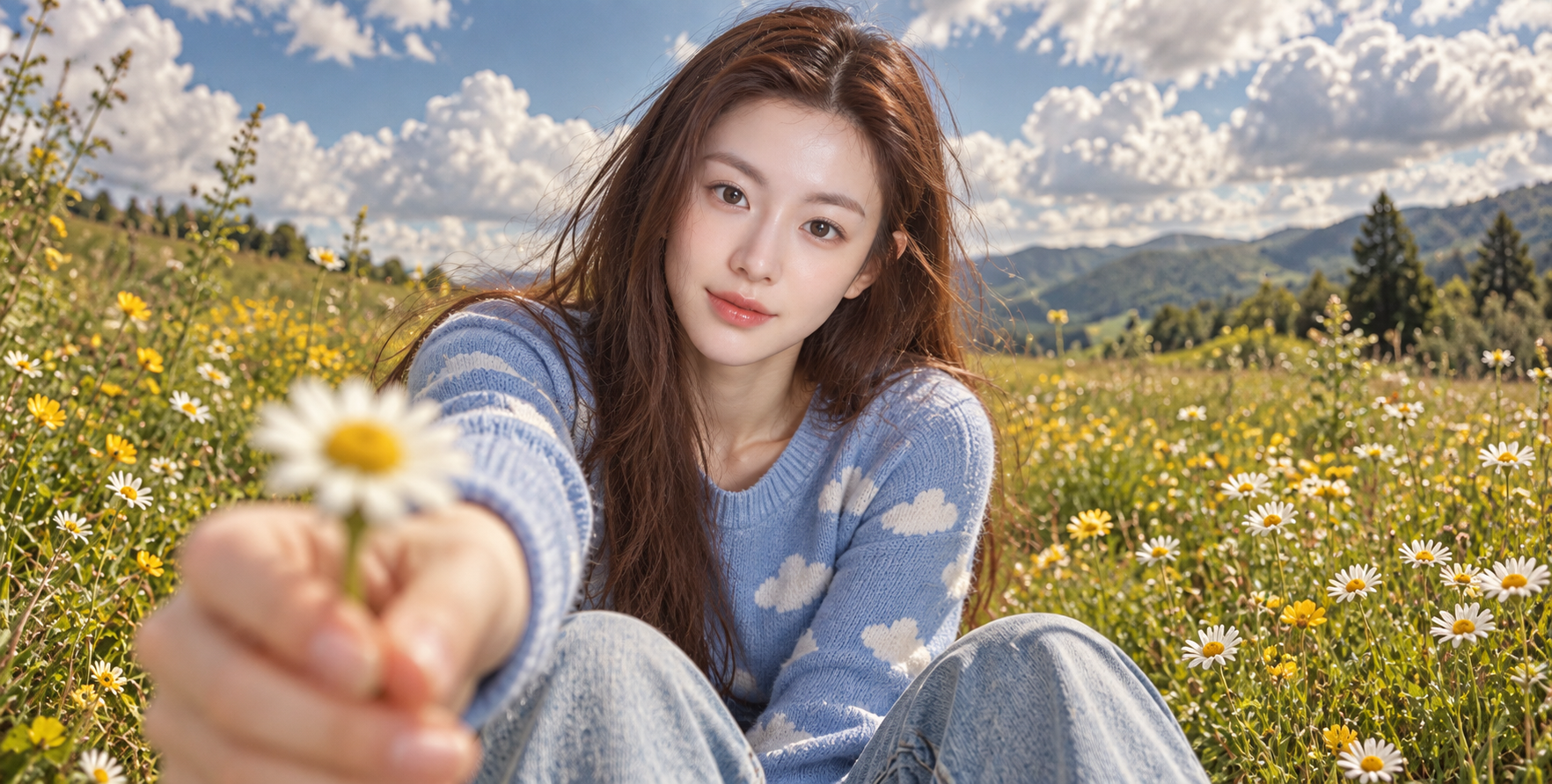 野花田中递出雏菊的复古电影肖像 — AI image creation