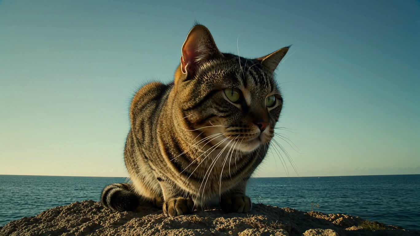 海中央的巨猫岛屿晨景 — AI video creation