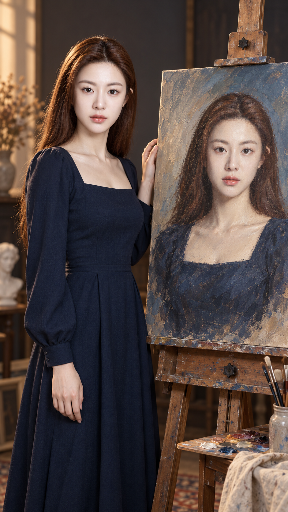 暖光影棚中展示自画像的成年艺术家 — AI image creation