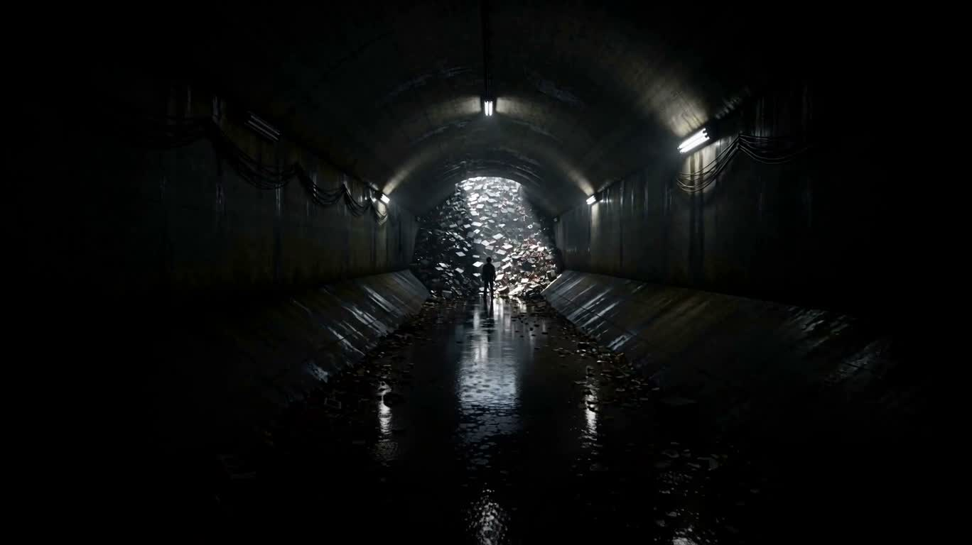 Ruines électroniques dans un égout pluvial souterrain — AI video creation