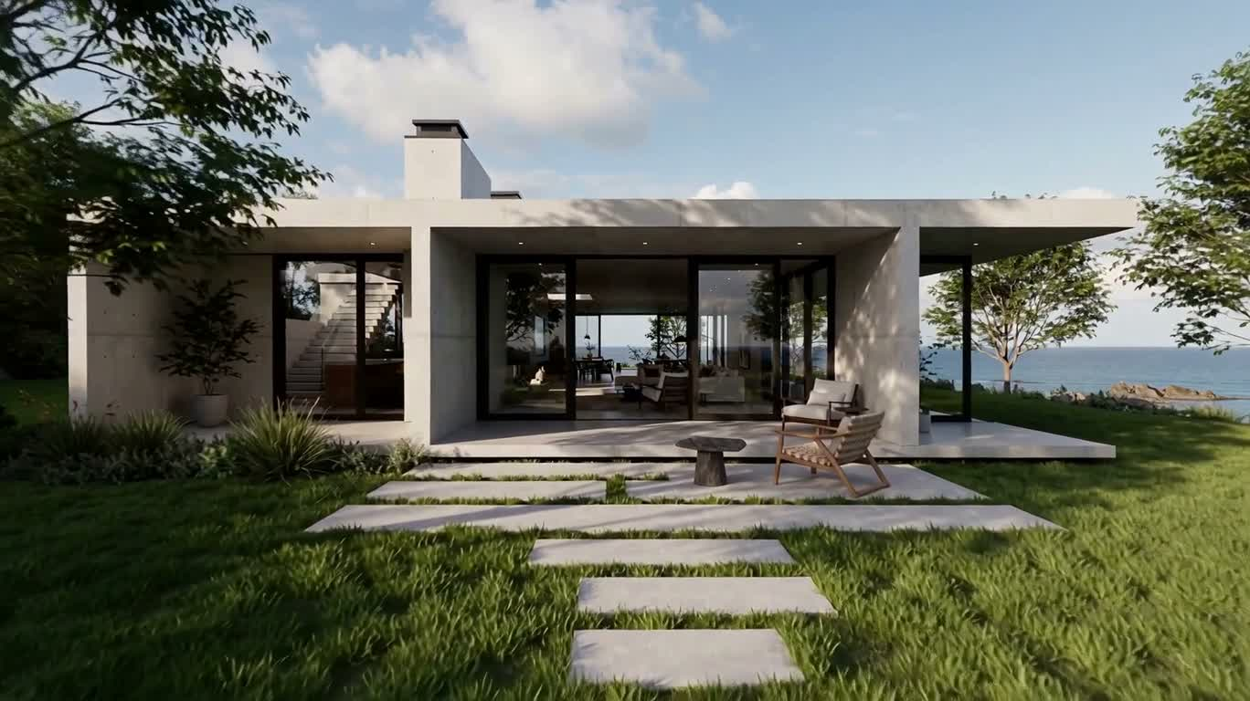 极简混凝土住宅海景漫游 — AI video creation