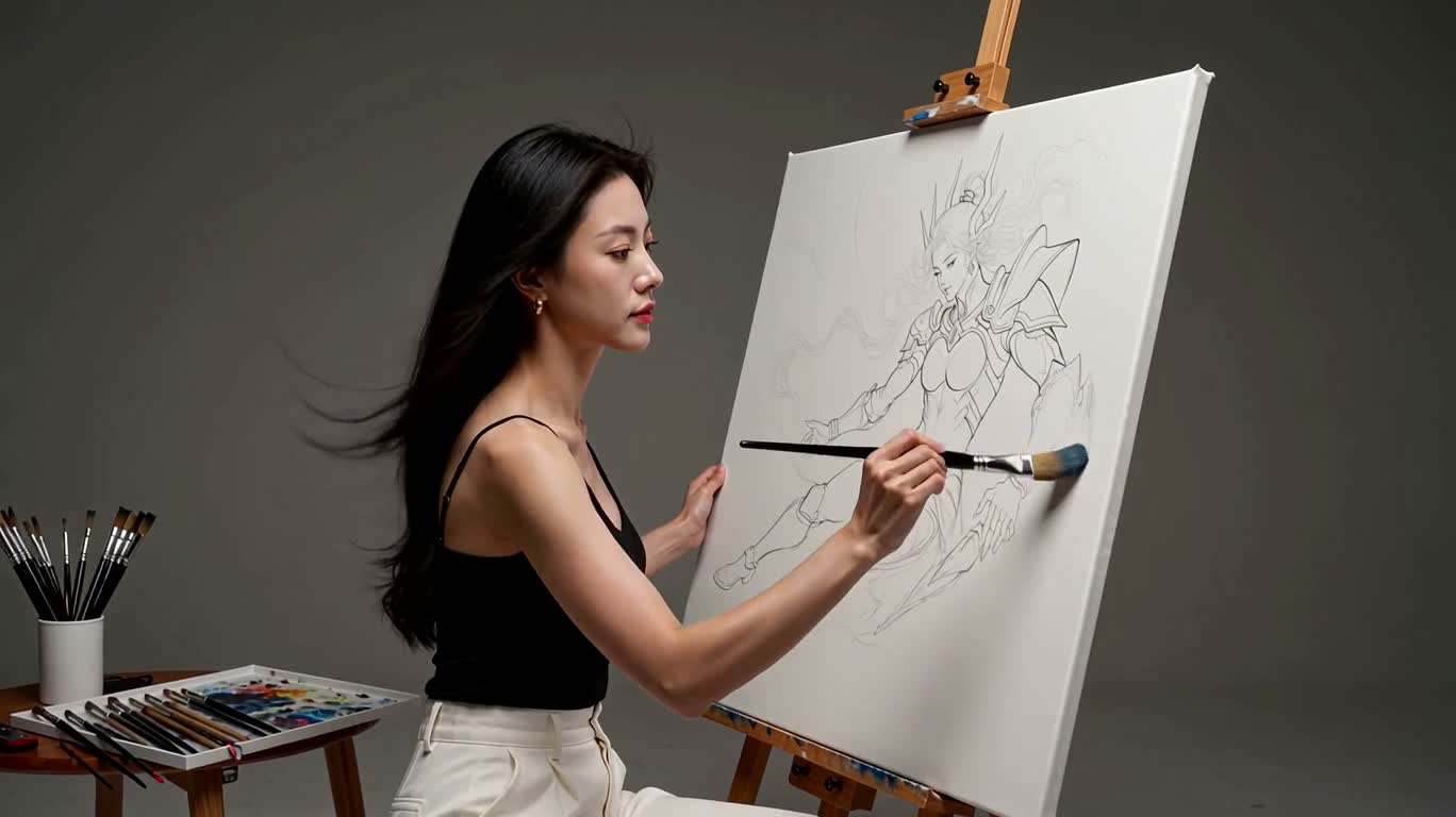 黒髪の女性が幻想的な協作画を制作