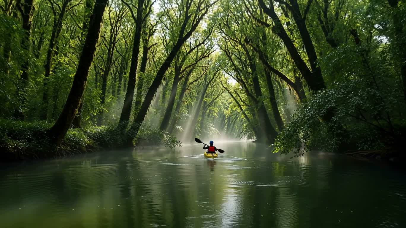A Solitary Kayak on a Misty Forest River