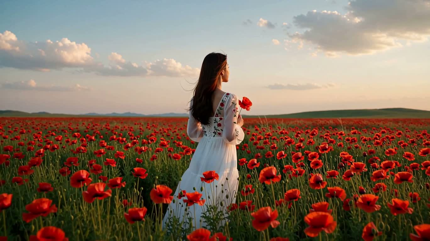 Brise du crépuscule dans le champ de coquelicots — AI video creation