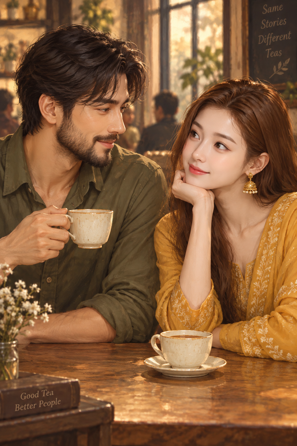 芥末黄与橄榄绿交织的浪漫茶叙 — AI image creation