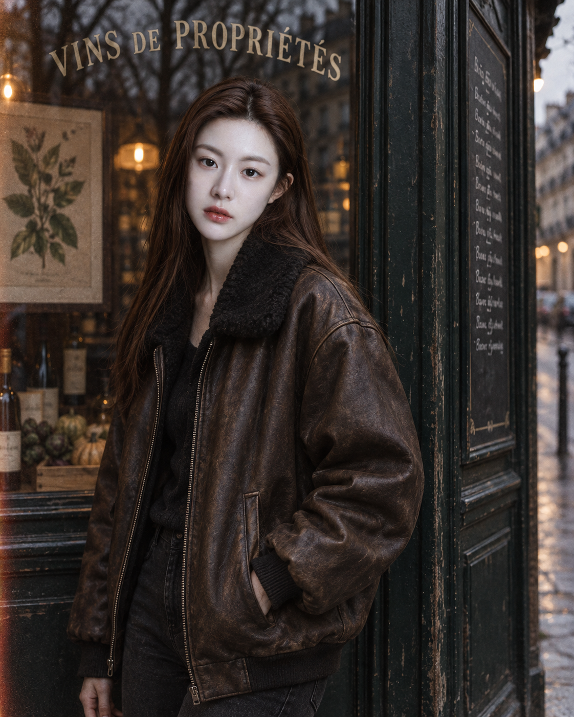 暮色巴黎复古店面前的成年女性皮衣肖像 — AI image creation