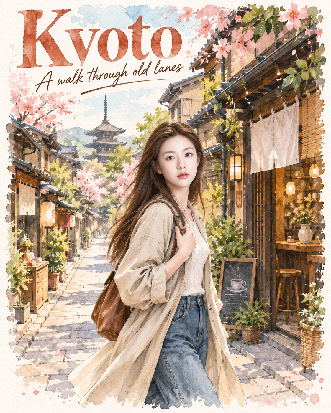 京都街巷水彩旅行海报 — AI image creation