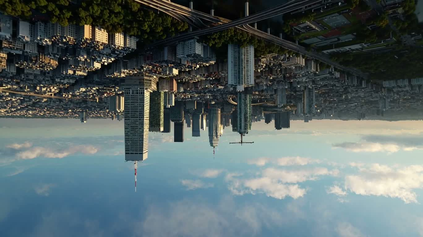 Cité suspendue à l'envers dans les nuages