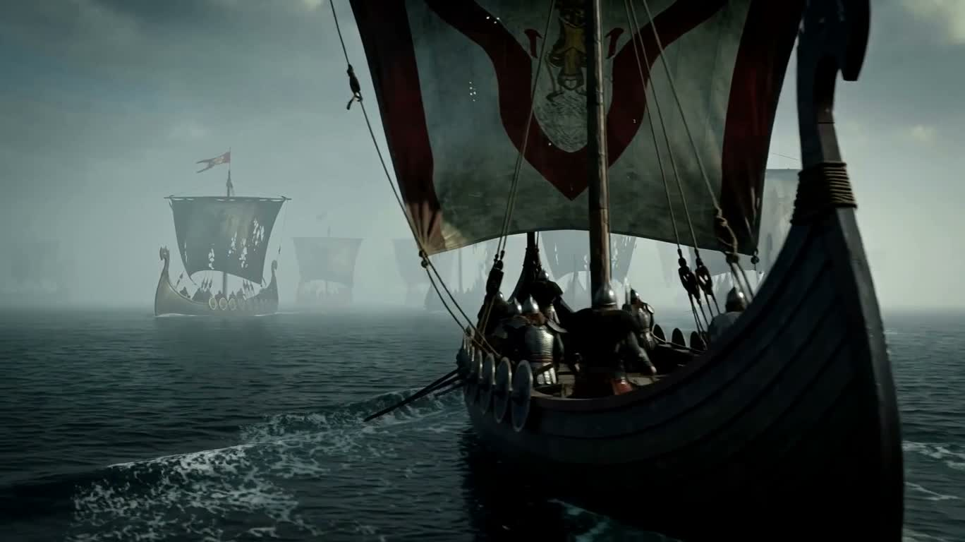 Ghost Ship and Viking Fleet in the Mist — AI video creation