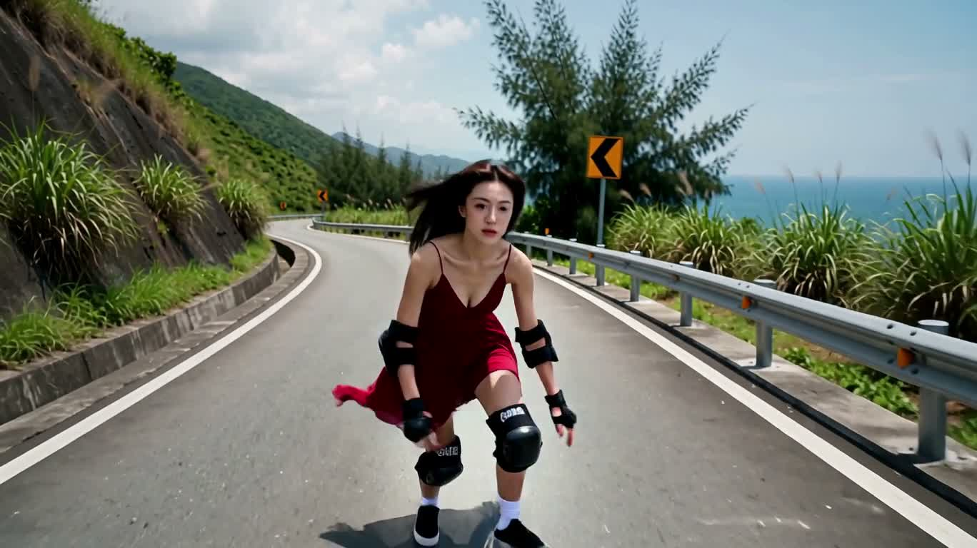 红裙滑板飞跃海岸山路 — AI video creation