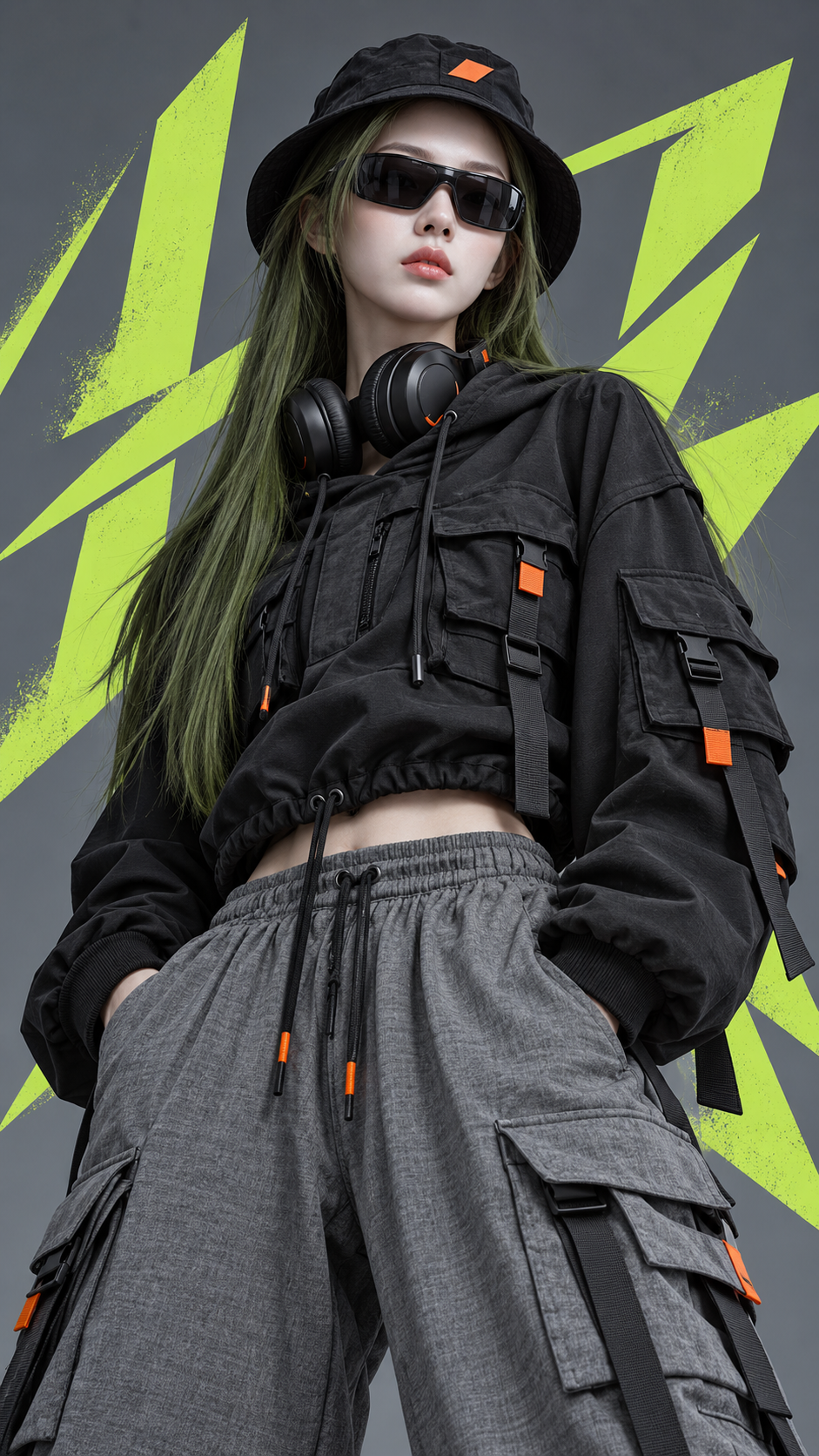苔藓绿发机能风街头时尚封面人像 — AI image creation
