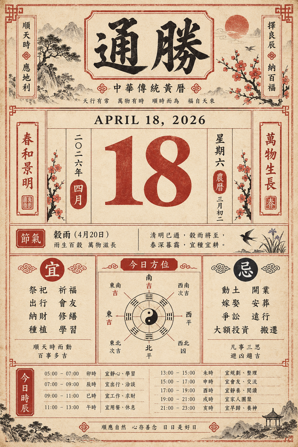 复古传统老黄历二零二六年四月十八 — AI image creation