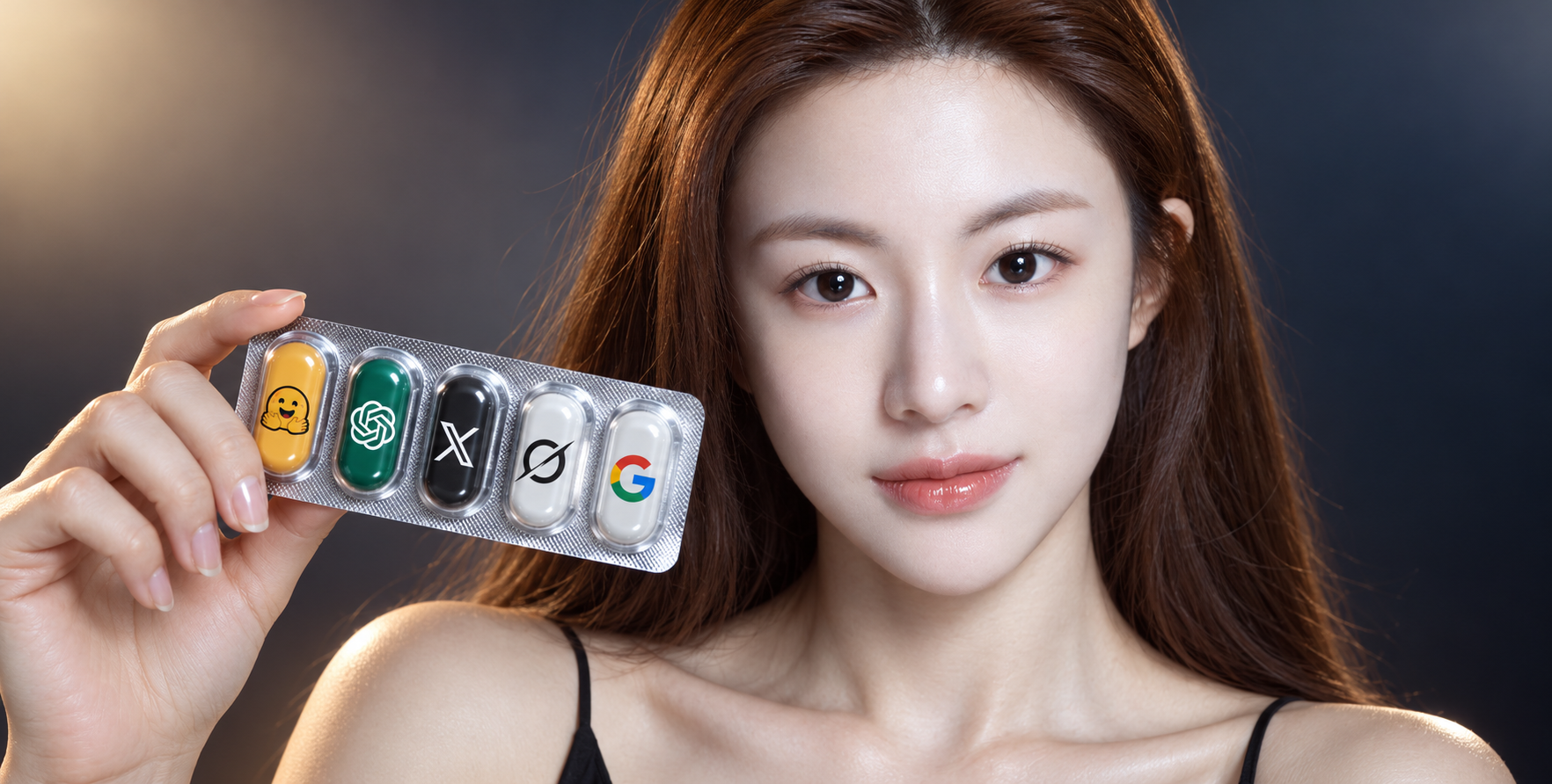 Gros plan publicitaire tech d'une femme tenant des pilules en blister de marque