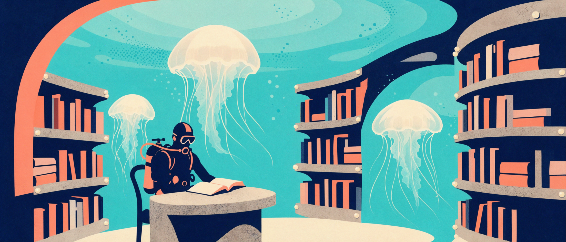Bibliothèque de méduses · Affiche sérigraphiée — AI image creation