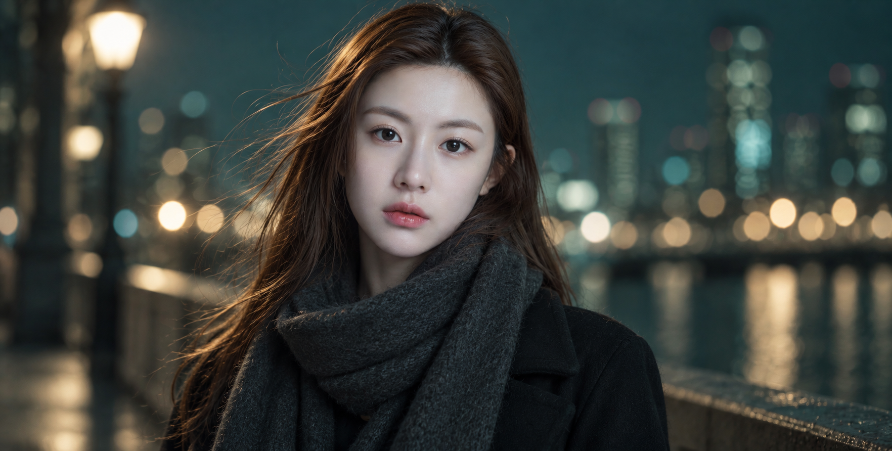 青绿城市夜灯下的成年女性肖像 — AI image creation