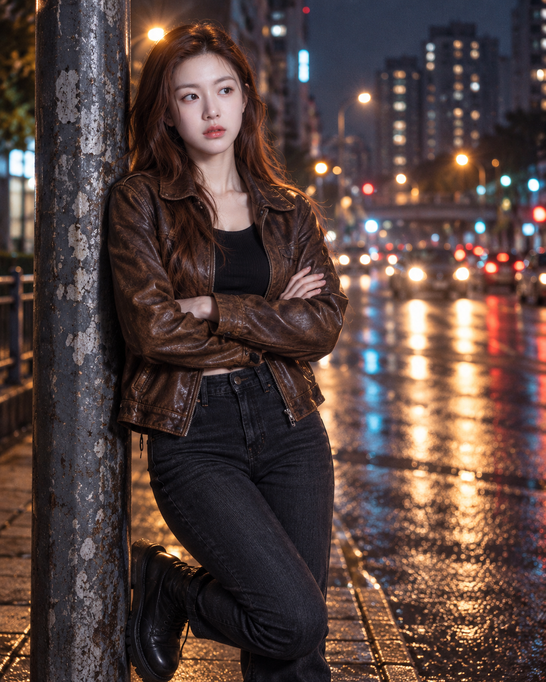 霓虹夜色下的都市皮衣女郎电影感人像 — AI image creation