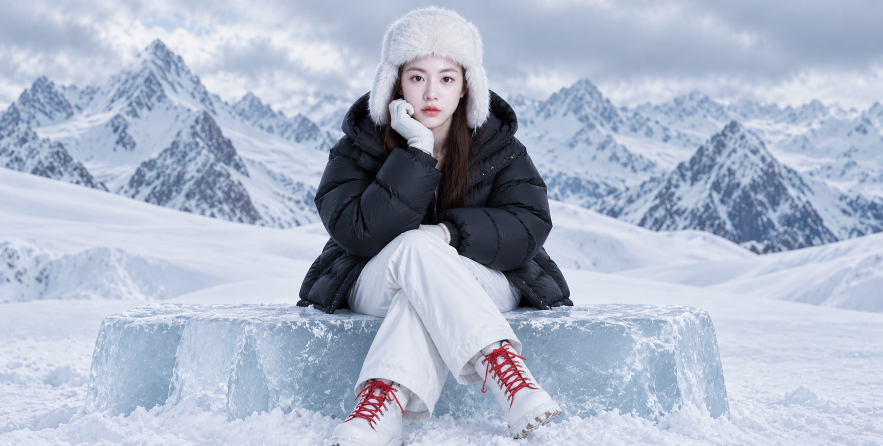 阿尔卑斯雪境中的冬季高级时装肖像 — AI image creation