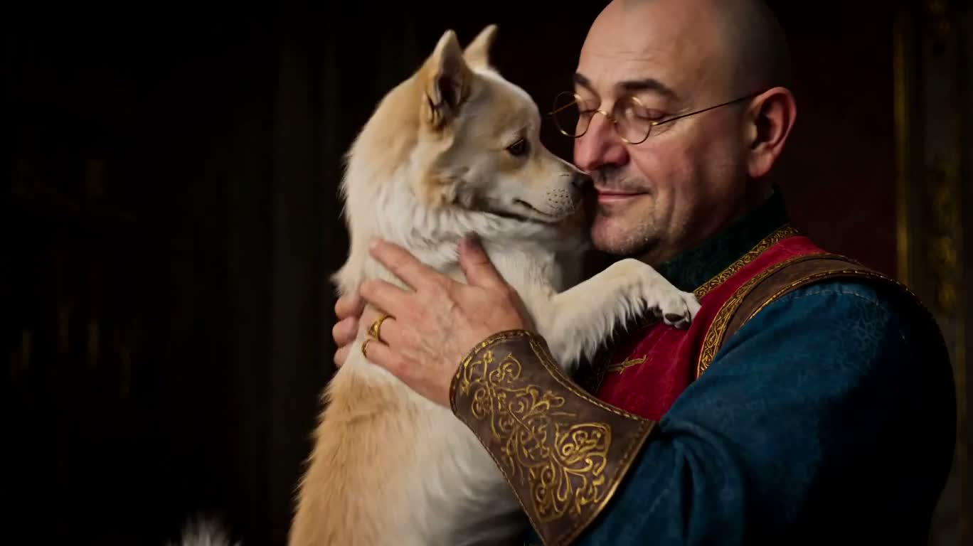 Homme étreignant un chien blanc dans un monde fantastique — AI video creation