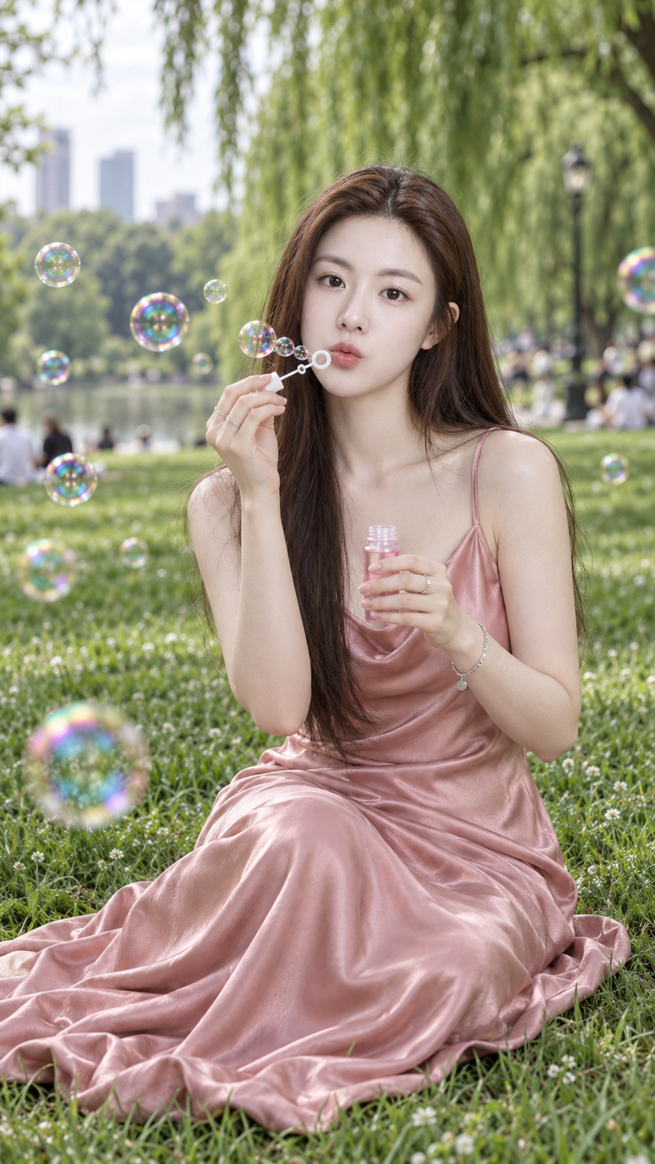 绿野粉裙少女吹出梦幻七彩泡泡 — AI image creation