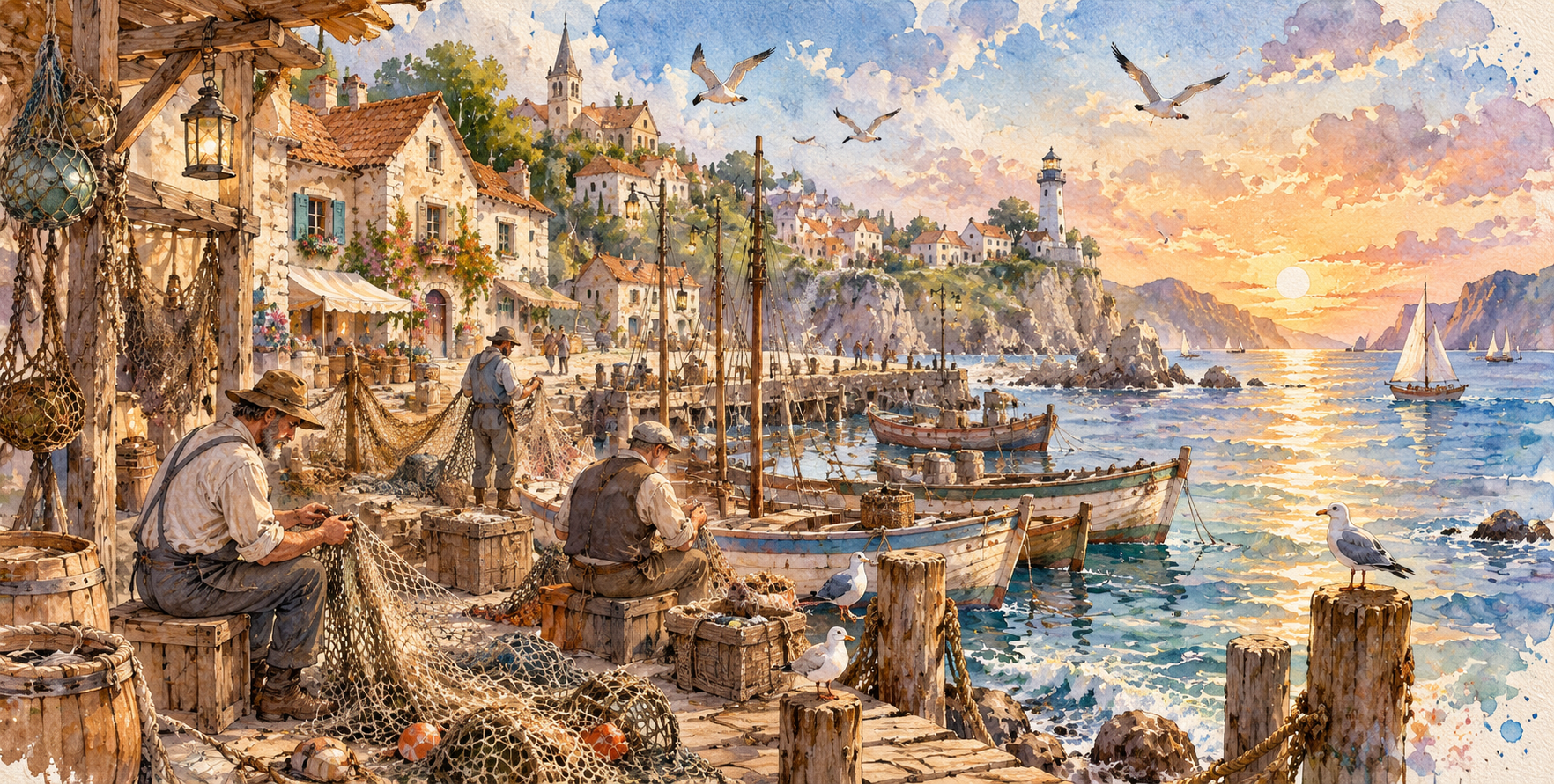 傍晚海滨渔村的水彩童话绘本 — AI image creation